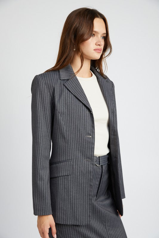 Impression Pinstriped Double Button Blazer-Gray-AVAH