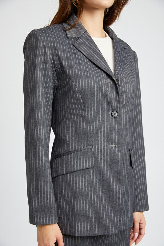 Impression Pinstriped Double Button Blazer-Gray-AVAH