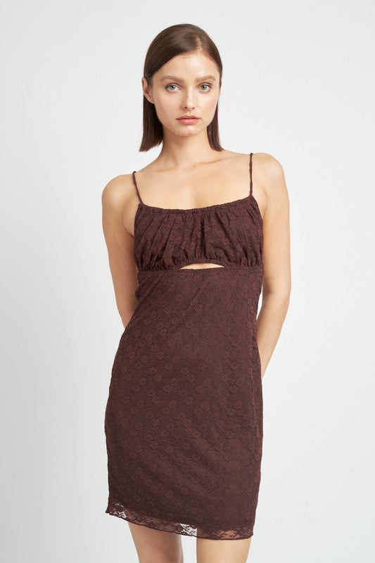 Front view of brown floral lace mini dress with front cutout detail
