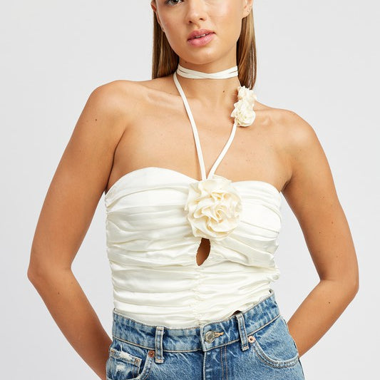 Romantic Bloom Halter Top with Rose Accent.