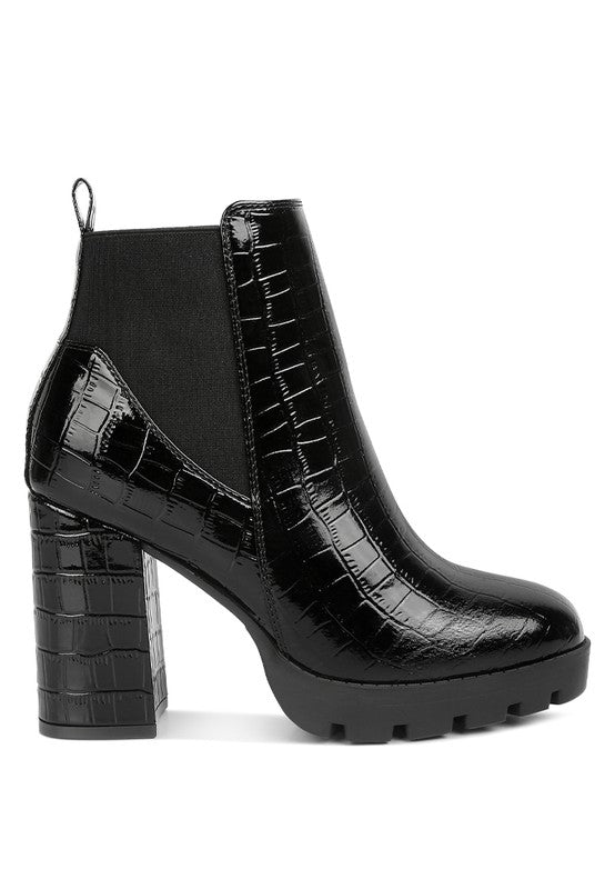 Urban Jungle Faux Leather Croc Chelsea Boots - Black-Avah