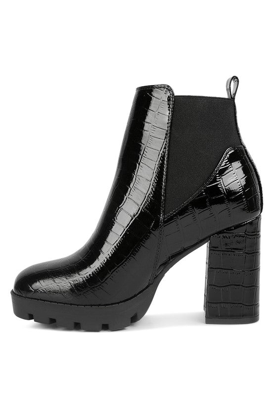 Urban Jungle Faux Leather Croc Chelsea Boots - Black-Avah