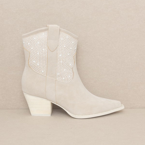 Pearl-Embellished Pointed-Toe Bootie
