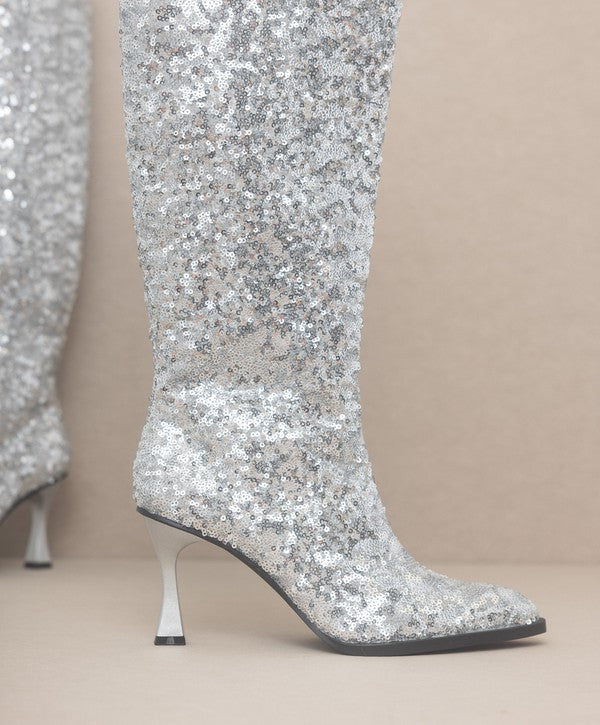 Brilliant Knee High Sequin Boots-Silver-Avah