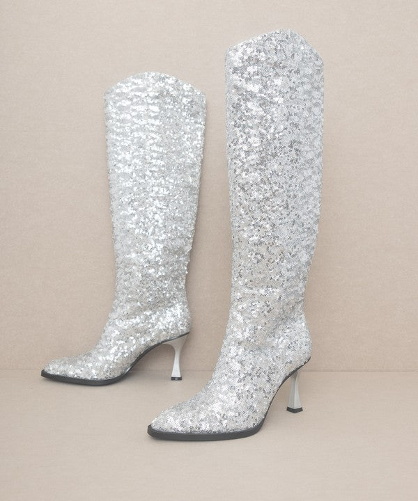 Brilliant Knee High Sequin Boots-Silver-Avah