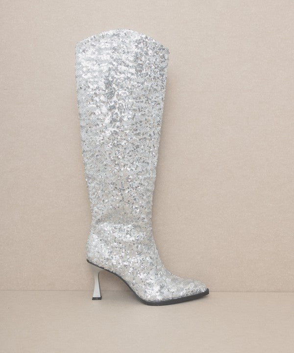 Brilliant Knee High Sequin Boots-Silver-Avah