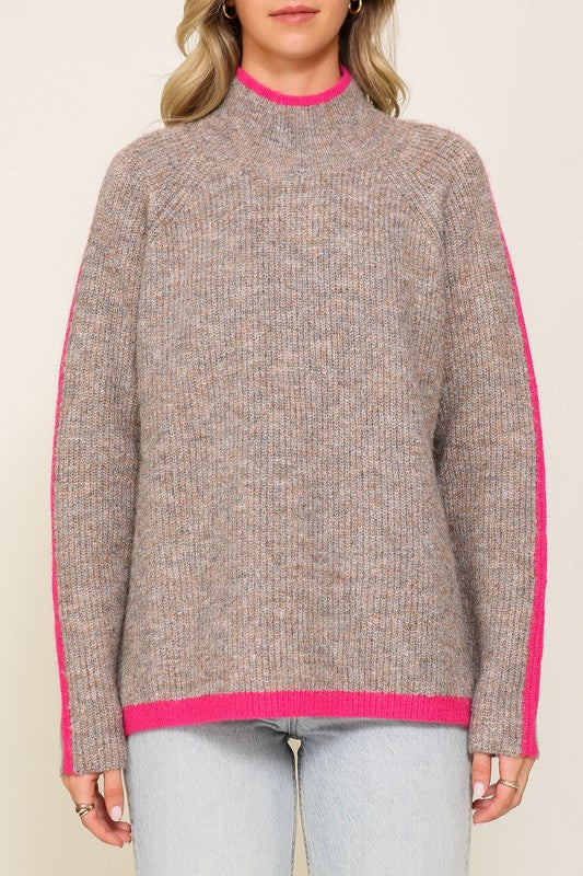 Confident Cozy Raglan Sleeve Mock Neck Sweater-Taupe-Fuchsia-Avah