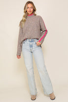 Confident Cozy Raglan Sleeve Mock Neck Sweater-Taupe-Fuchsia-Avah