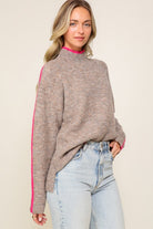 Confident Cozy Raglan Sleeve Mock Neck Sweater-Taupe-Fuchsia-Avah