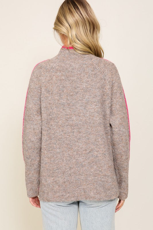 Confident Cozy Raglan Sleeve Mock Neck Sweater-Taupe-Fuchsia-Avah