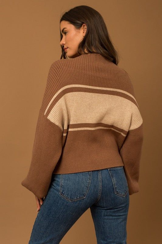Everlasting Classic Striped Mock Neck Sweater-Brown-Taupe-Avah