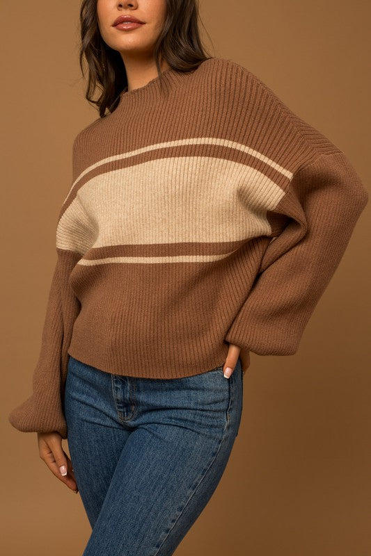 Everlasting Classic Striped Mock Neck Sweater-Brown-Taupe-Avah