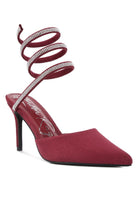 Rhinestone Cascade Pointed Toe High Heel Sandals -Burgundy-Avah