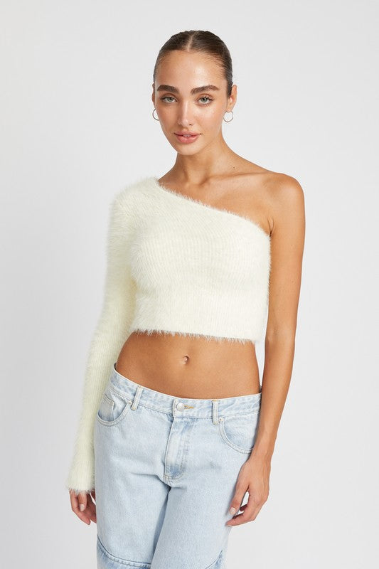 Audrey Asymmetrical One-Shoulder Fluffy Sweater Top-Cream-Avah