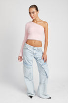 Audrey Asymmetrical One-Shoulder Fluffy Sweater Top-Pink-Avah