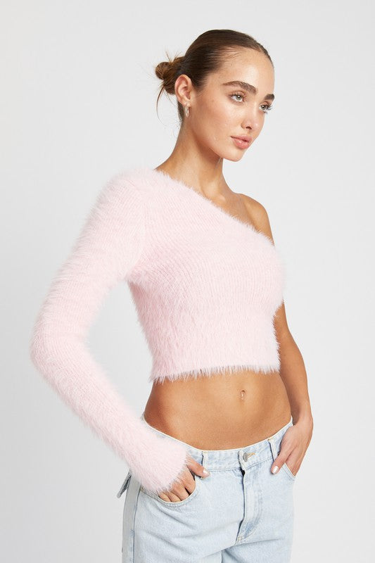 Audrey Asymmetrical One-Shoulder Fluffy Sweater Top-Pink-Avah