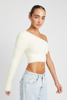 Audrey Asymmetrical One-Shoulder Fluffy Sweater Top-Cream-Avah