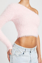 Audrey Asymmetrical One-Shoulder Fluffy Sweater Top-Pink-Avah