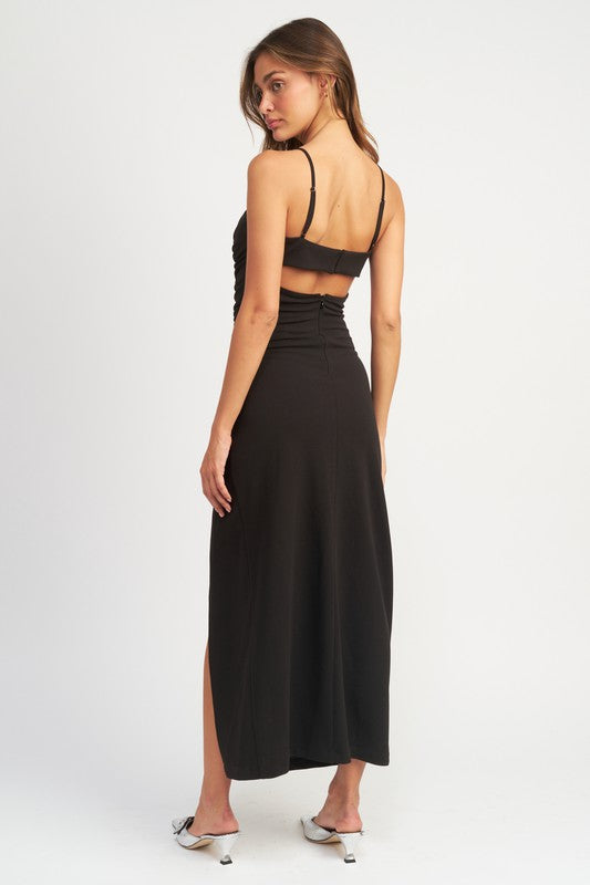 Magnetic Side Ruched Black Midi Dress-Avah