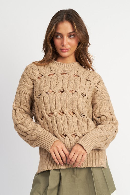 Lifted Open Knit Long Sleeve Taupe Sweater-AVAH