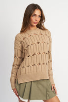 Lifted Open Knit Long Sleeve Taupe Sweater-AVAH