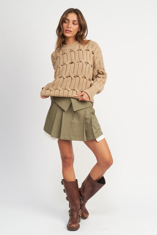 Lifted Open Knit Long Sleeve Taupe Sweater-AVAH