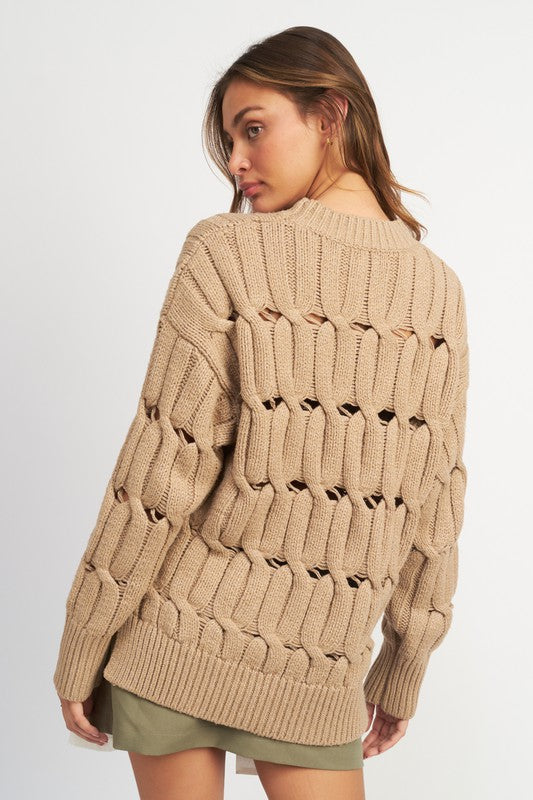 Lifted Open Knit Long Sleeve Taupe Sweater-AVAH