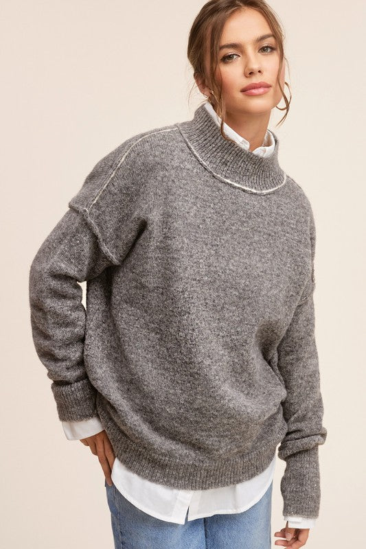 Ella Long Sleeve Mock Neck Sweater-Gray Black-Avah
