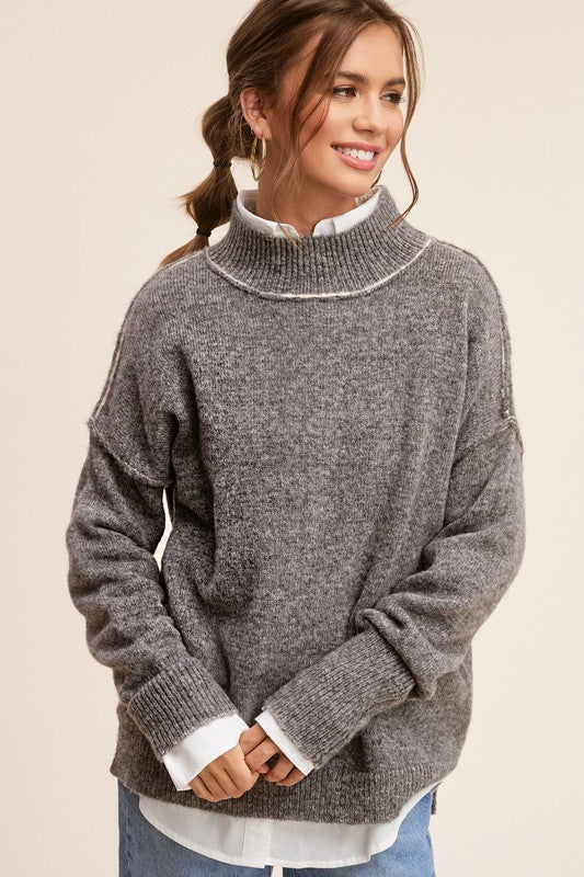 Ella Long Sleeve Mock Neck Sweater-Gray Black-Avah