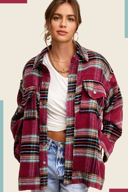 Timeless Comfort Plaid Jacket -Plum Red-Avah