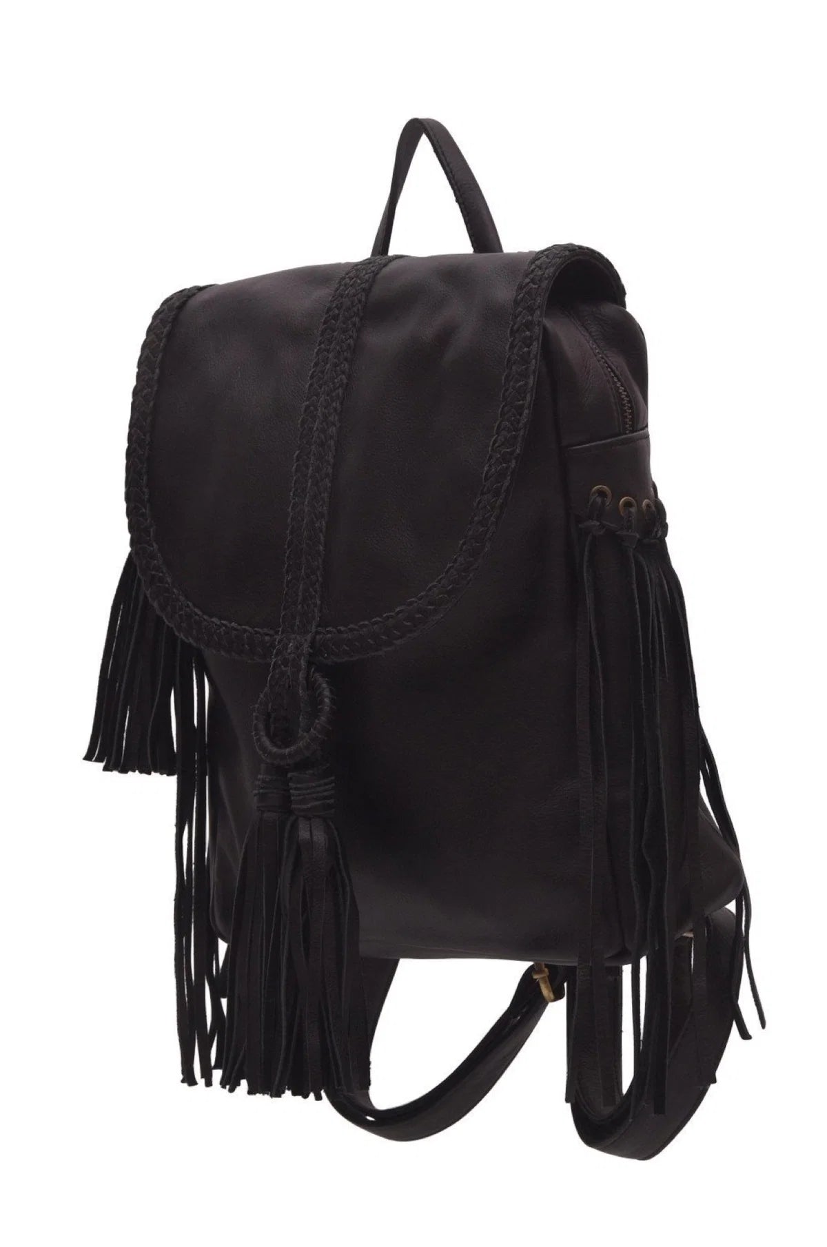 Black leather backpack with fringe details, braided trim, and a top handle, shown against a plain white background.