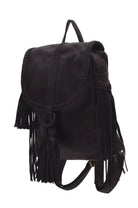 Black leather backpack with fringe details, braided trim, and a top handle, shown against a plain white background.