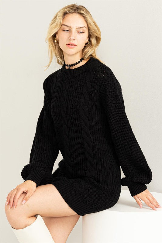 Cable-Knit Ribbed Sweater Dress-Black-Avah