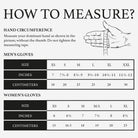 A size-measurement guide for gloves with a hand illustration and tables for men's and women's glove sizes in inches and centimeters.