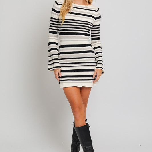 Maritime Long Sleeve Striped Sweater Dress-White and Black-Avah