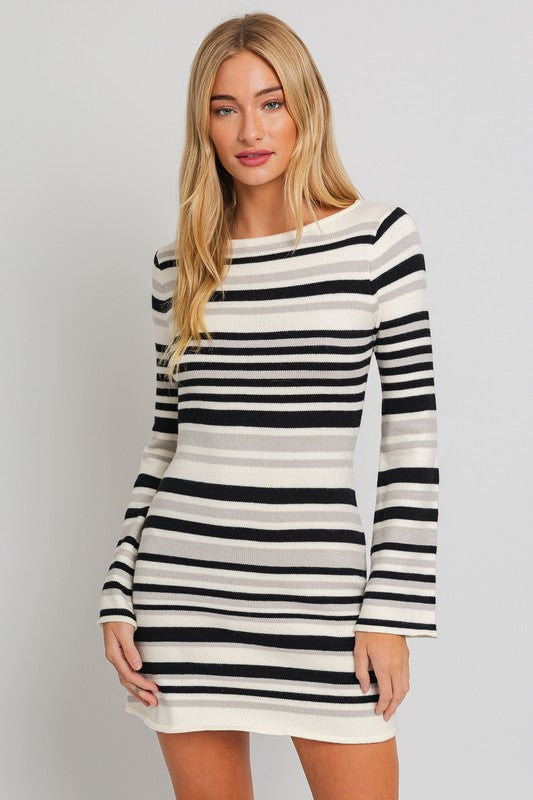 Maritime Long Sleeve Striped Sweater Dress-White and Black-Avah