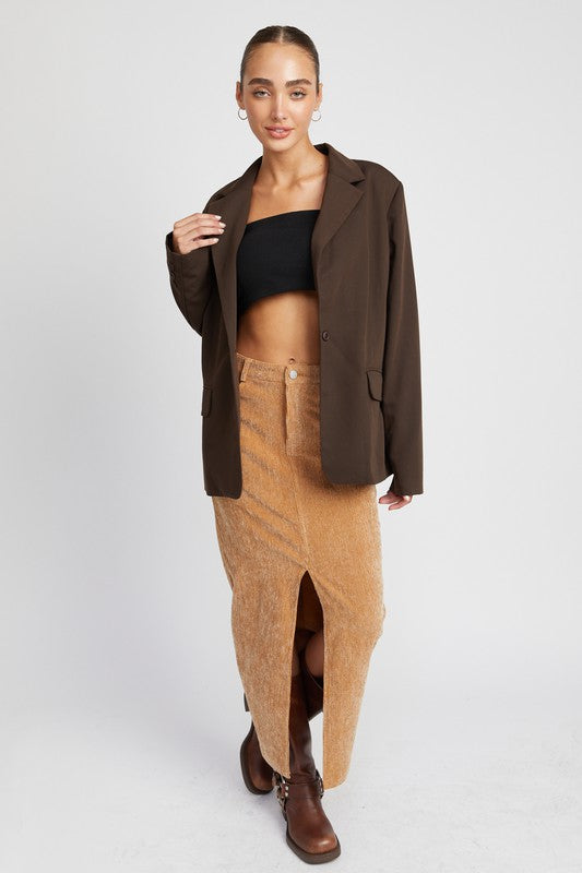 Corduroy Midi Skirt with Front Slit-Tan-Avah