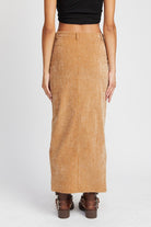 Corduroy Midi Skirt with Front Slit-Tan-Avah