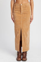 Corduroy Midi Skirt with Front Slit-Tan-Avah