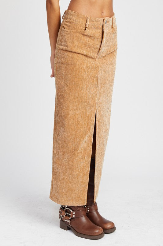 Corduroy Midi Skirt with Front Slit-Tan-Avah