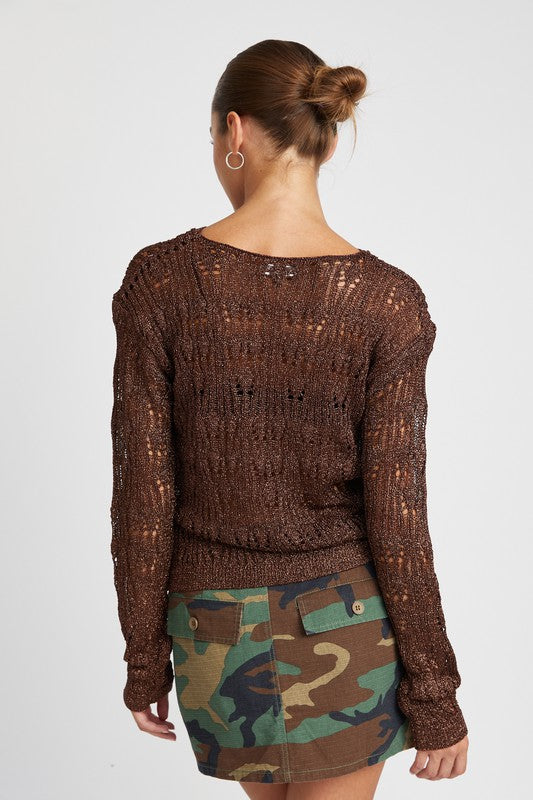 Originality Long Sleeve Crochet Top - Chocolate Brown-Avah