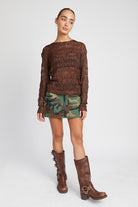 Originality Long Sleeve Crochet Top - Chocolate Brown-Avah