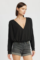 Elegance Unraveled V-Neck Long Sleeve Top - Black-Avah