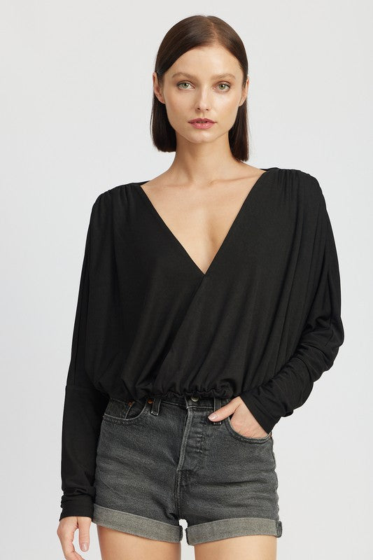 Elegance Unraveled V-Neck Long Sleeve Top - Black-Avah