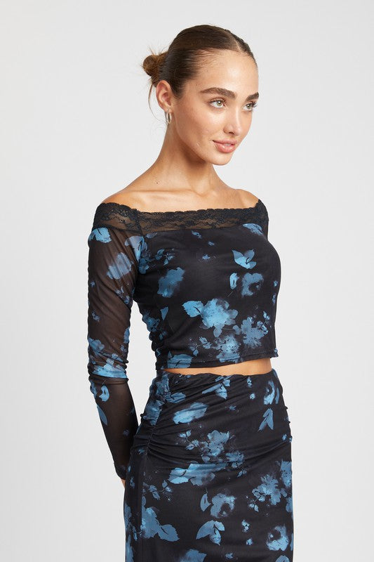 Undeniable Lace Off-the-Shoulder Floral Crop Top-Black Blue-Avah
