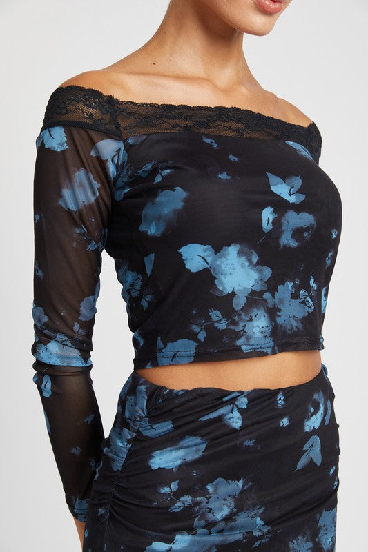 Undeniable Lace Off-the-Shoulder Floral Crop Top-Black Blue-Avah