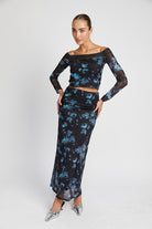 Undeniable Lace Off-the-Shoulder Floral Crop Top-Black Blue-Avah