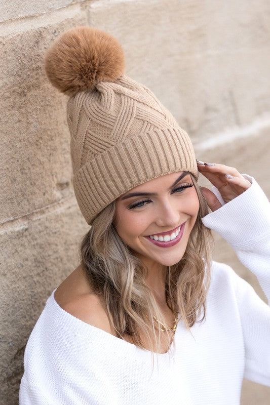 Camel knit winter hat with faux fur pom, front view-AVAH