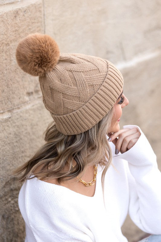 Camel textured knit pom winter hat, side angle
