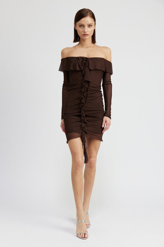 Sultry Sway Off-Shoulder Ruffle Dress- Chocolate Brown-Avah